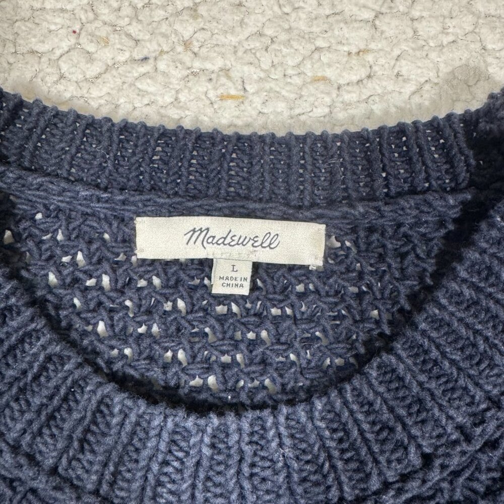 Madewell French Quarter Pullover Sweater Chunky Knit Crew Neck Navy Cotton L - Picture 6 of 7